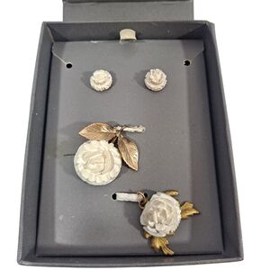 VTG KL Stamped Gold Filled 12K Carved Rose Pendant Earrings 2nd Pendant Included